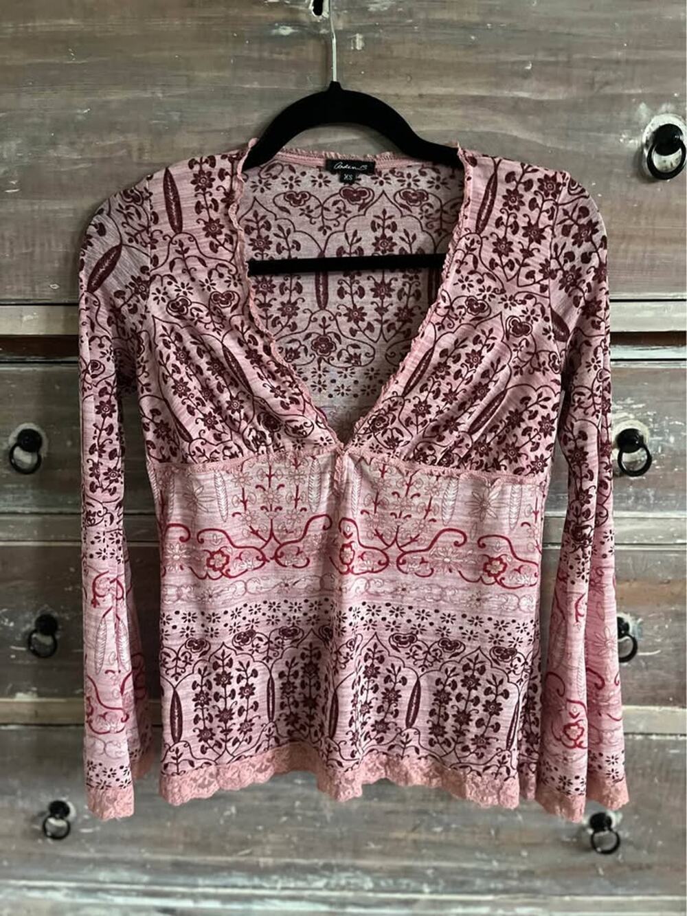 Vintage Y2K Arden B. Floral Print Babydoll Top XS Pink Lace Fairy Whimsy Artsy